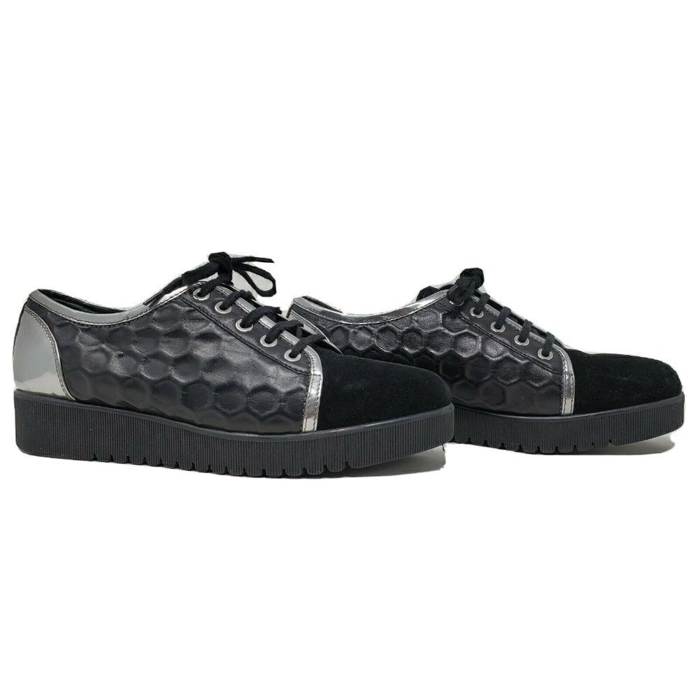 Aquatalia Aida black silver leather suede shoe